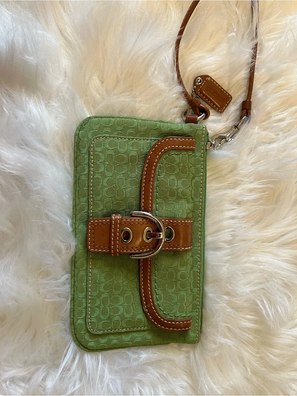 Coach Green Wristlet Phone Case with Brown Leather Trim